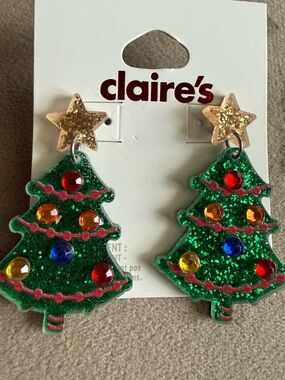 Claire's Green Glitter Christmas Tree Earrings with Multicolor Gems